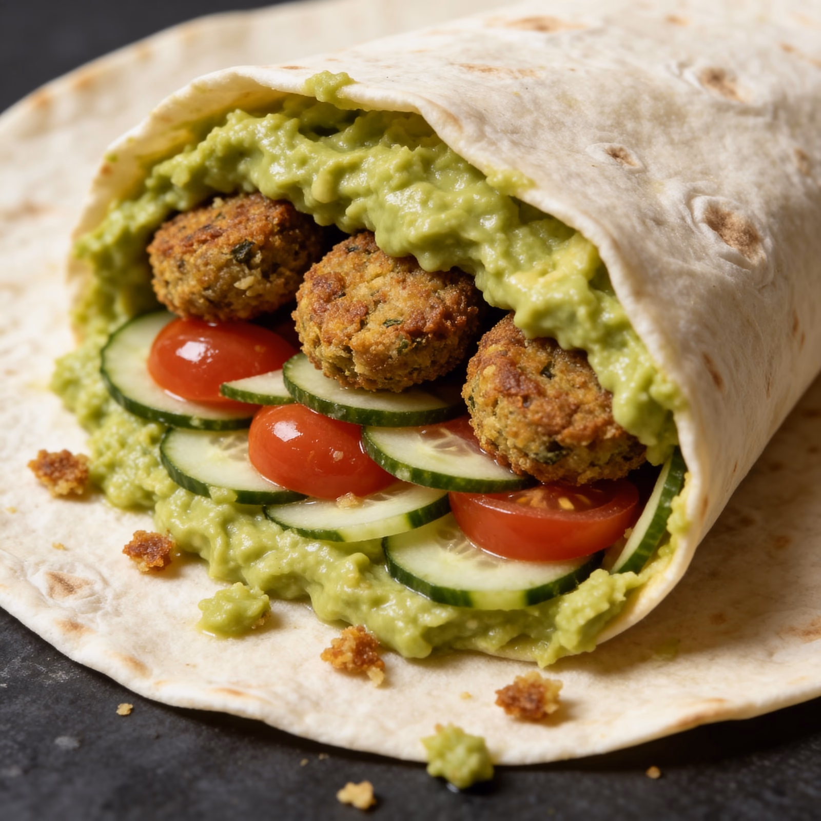Falafel Wrap mit Guacamole, Gurke und Tomate