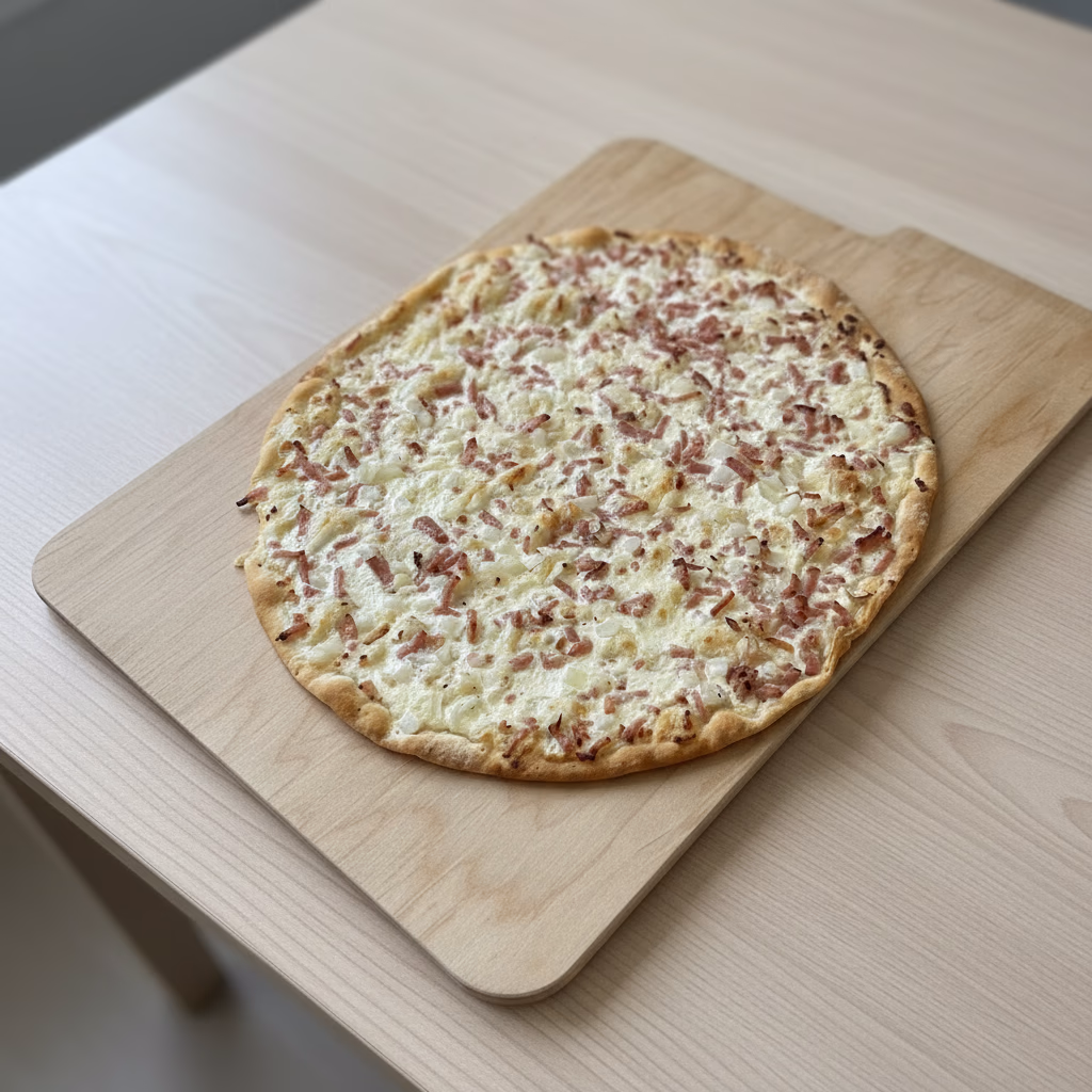 Flammkuchen mit Schmand, Speck und Zwiebel